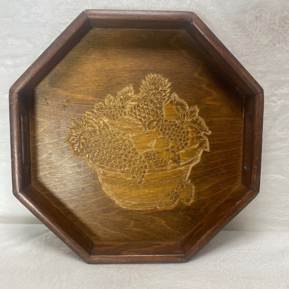 Vintage Octagon Wooden Tray Fruit Bowl Embossed Design Handles Dining Room Table